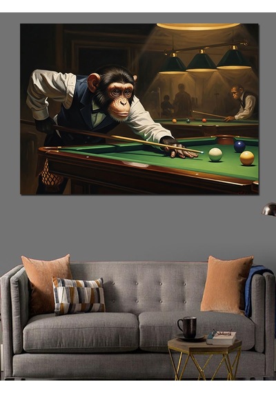 Ahşap Tablo Bilardo Oynayan Takım Elbiseli Maymun İnsan Figürlü Tablolar