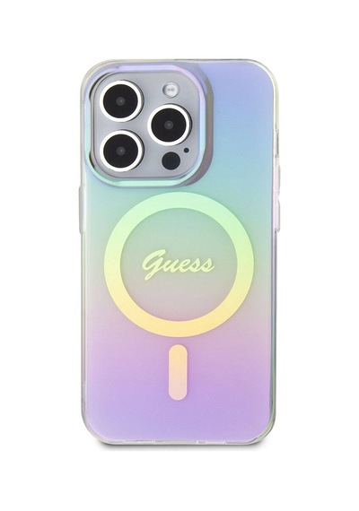 Apple Uyumlu iPhone 15 Pro Kılıf Guess Lisanslı Magsafe Şarj Özellikli Yazı Logo Iridescent Siyah