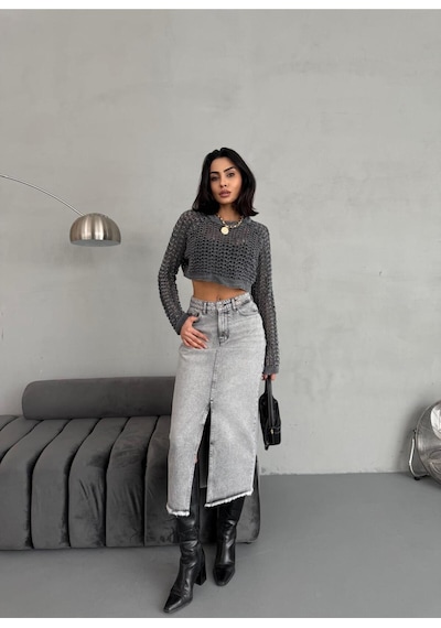 Zeo Basic Kadın Maxi Boy Ön Yırtmaç Detaylı Gri Kot Etek Gri