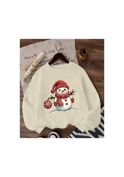Herkesemoda Sevimli Kardan Adam Baskı Detaylı Bisiklet Yaka Sweatshırt Bej