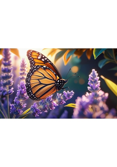 Kelebek Parlayan Güneş Işığı Altında Lavanta Çiçeğinin Üzerinde Dinleniyor 05 Çerçevesiz 50x30 Cm Pvc Tablo