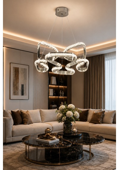 Odessa Lüks Kristalli Seri Premium Kalın Çizgili Kasa Orjinal Krom Kaplamalı 3 Renk Ledli Sarkıt Ledli Avize Modern Led Avize