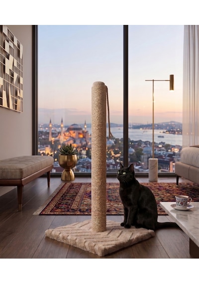 70 Cm Bej Kedi Tırmalama Tahtası - Sağlam Tabanlı Jüt İpli Kedi Tırmalama Direği