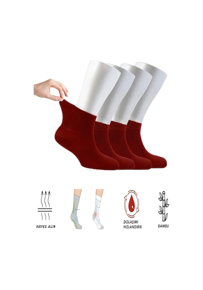 Ozzy Socks Kadın 4 Çift Bambu Lastiksiz Sıkmayan Diabetik Bilek Çorap Bordo