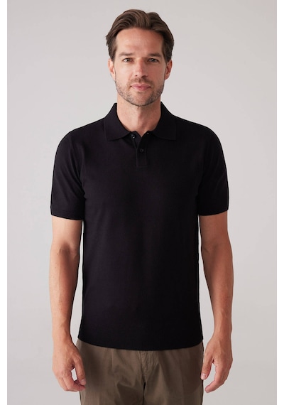 Erkek Siyah Slim Fit Kaşmir Karışımlı Polo Yaka Tişört