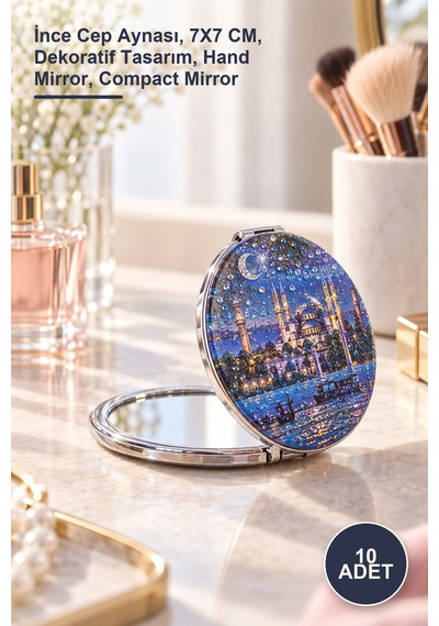 10 Adet Taşlı İstanbul Tasarımı El Aynası İnce Cep Aynası, 7x7 Cm, Dekoratif Tasarım, Hand Mirror, Compact Mirror Sarı