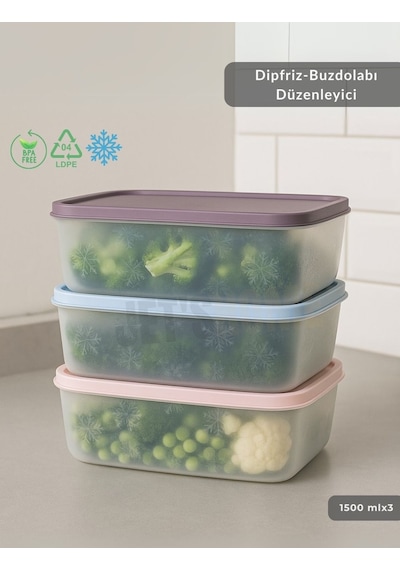 3'lü Dipfriz Saklama Kabı - No Frost Silikon Kapaklı Derin Dondurucu Düzenleyici - Bpa Free - 1500 Ml Şeffaf