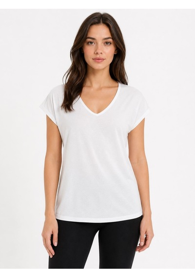 Neden Tekstil V Yaka Kadın Beyaz Basic T-shirt