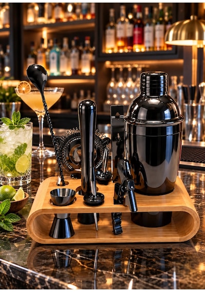 10 Parça Bambu Standlı Kokteyl Shaker Seti 700 Ml