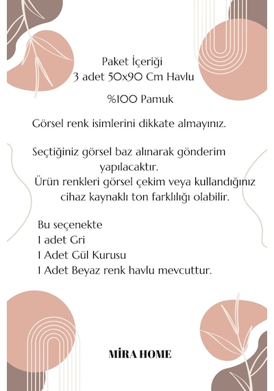 3 Lü Renkli El Yüz Havlu Seti %100 Pamuklu Natural Harmony Gülkurusu