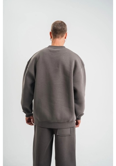 Erkek Uzun Kol Bisiklet Yaka 3 İplik Pamuklu Kışlık Sweatshirt - Füme