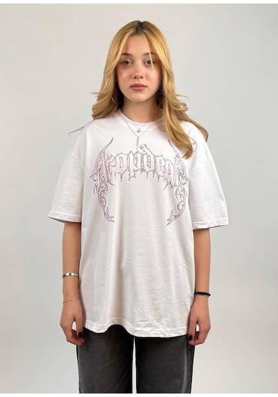 Zaee Phantom Wings Taşlı Oversize Tişört Beyaz