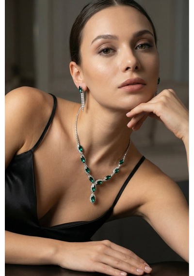 Accessories Yeşil Mekik Taşlı Su Yolu Kolye Küpe Takı Seti - Düğün, Kına, Nişan Gelin Takı Seti Gümüş - Yeşil
