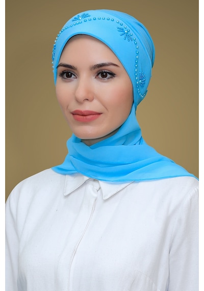 Hürrem Bone B. Mavisi Pratik Hazır Geçmeli Tesettür Bone Sandy Kumaş Güllü İşlemeli Şifon Atkılı 1206a 11 Buz Mavisi