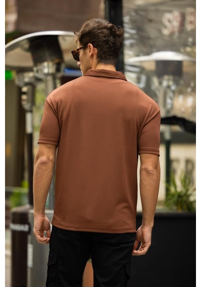 Glasses V Yaka Oversize Fitilli T-shirt - Kahve Kahve