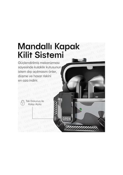 Samsung Galaxy Buds 3 Pro, Buds 3 Ve Buds 3 Fe İle Uyumlu Mandallı Kapak Kilit Sistemli Mat Dokulu Darbelere Dayanıklı Kamuflaj Silikon Kılıf Siyah