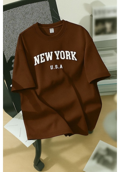 New York U.s.a. Baskılı Unisex Tişört Kahverengi