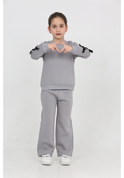 Erdem Kıds Kız Çocuk 3 İplik Şardonlu Kurdele Detaylı Basic Sweatshirt-bol Kesim Palazzo Eşofman Takım Gri Gri