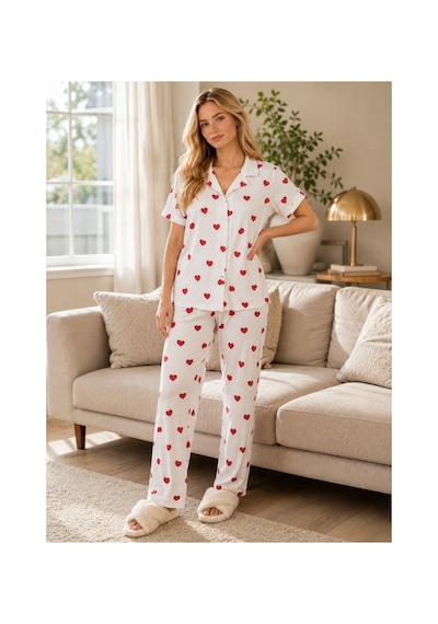 Rindahomewear Kadın Kalp Desen Milan Düğmeli Pijama Takımı Beyaz1
