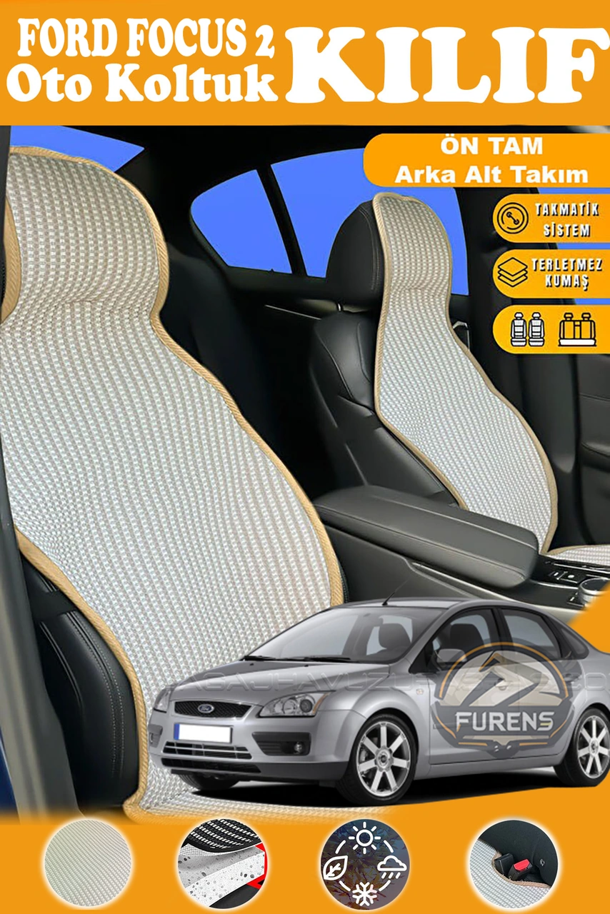 Ford Focus 2 Uyumlu Bej Prestij Serisi Dokuma Kumaş Oto Koltuk Kılıfı Ön Tam Arka Alt