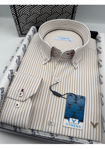 Slim Fit Uzun Kol Premium Çizgili Yaka Düğmeli Hediye Kutulu Erkek Gömlek Fs-004440 - Bej-3182