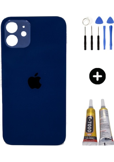 Apple Uyumlu iPhone 12 Arka Pil Batarya Kapak Mavi + Montaj Seti