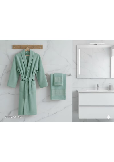 Belinis %100 Pamuk Otel & Spa Kalitesinde Yumuşak Yüksek Su Emici 1 Adet Bornoz 1 Adet 50 X90 Cm Havlu Su Yeşili
