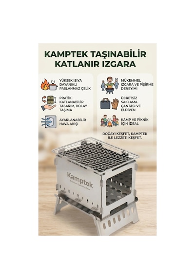 Kamptek Pratik Katlanır Kamp Mangalı Ve Odun Ocağı - Yer Kaplamayan Hafif Taşınabilir Bahçe Piknik Izgarası Gümüş