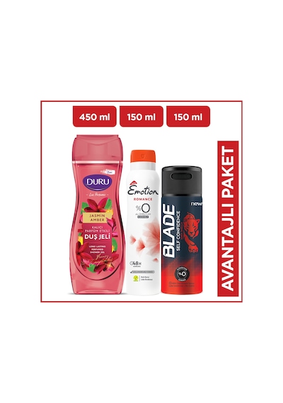 Emotion Romance Kadın Sprey Deodorant 150 ML + Blade Self Confidince Erkek Sprey Deodorant 150 ML+ Duru Jasmin & Amber Duş Jeli 450 ML