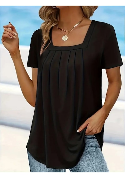 Nnstartshopping Kadın Kısa Kollu Pileli Kare Yaka Salaş Viskon T-shirt Siyah