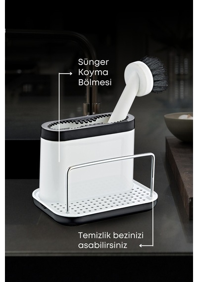 Grimorlife Fırçalı Telli Mutfak Seti Beyaz - Standlı Plastik Mutfak Lifli Sünger Hediyeli Beyaz