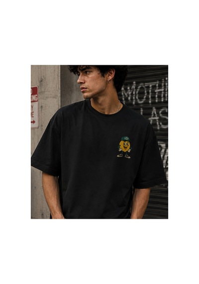 Qmen Style Unisex Siyah Oversize Baskılı T-shirt Limon %100 Pamuk