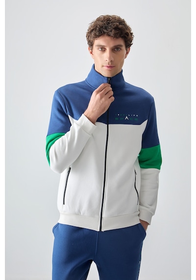 Tommy Life Ekru - İndigo Dik Yaka Renk Geçişli İçi Polarlı Erkek Eşofman Takımı - 85186 Ekru