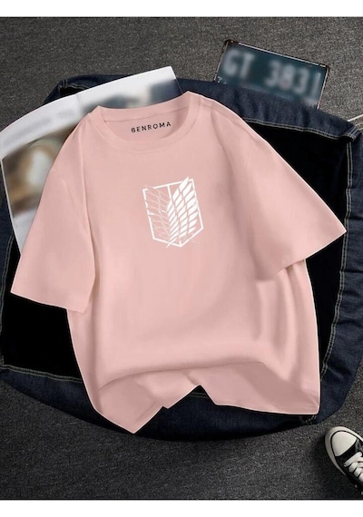 Oversıze Titan Baskılı Unısex Tisort Baskılı Pembe