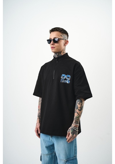 Respire Erkek 22 Baskılı Yarım Fermuarlı Oversize T-shirt Siyah