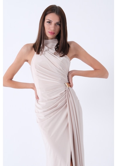 Feminist Bej Halter Yaka Drapeli Beli Gold Toka Detaylı Straplez Abiye 9705862
