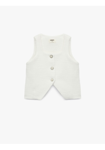 Koton Kolsuz Kare Yaka Düğmeli Crop Tüvit Bluz Ekru 6skg60027ak Ekru