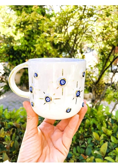 Premium Kalite 24 Ayar Altın Kaplama Nazar Mug, El Yapımı Mug 400 Ml 45nt1 Beyaz - Çok Renkli