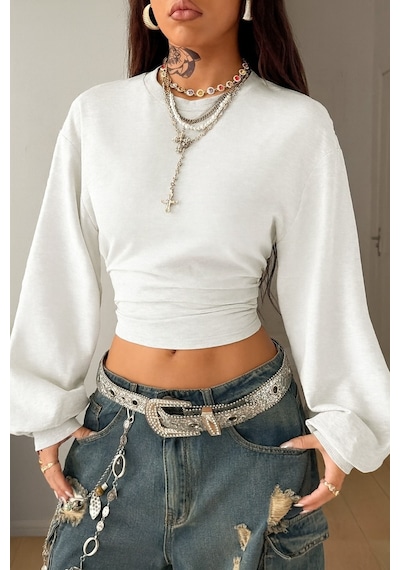 Kadın Bisiklet Yaka Belden Oturtmalı Tasarım Sweatshirt Beyaz