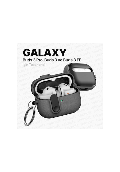 Samsung Galaxy Buds 3 Pro, Buds 3 Ve Buds 3 Fe İle Uyumlu Mandallı Kapak Kilit Sistemli Kumlanmış Mat Dokulu Darbelere Dayanıklı Hibrit Kılıf Gri, Galaxy Buds 3 Pro/3/3 Fe