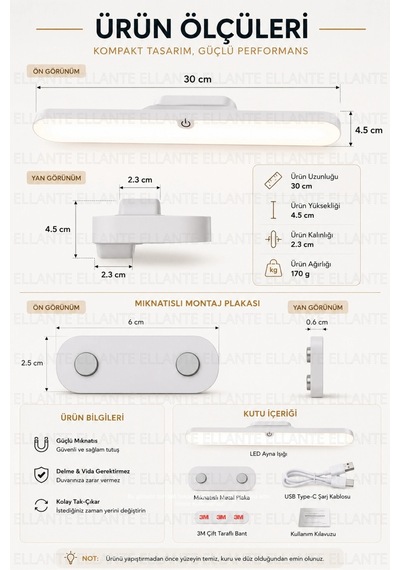 Şarjlı Mıknatıslı Led Ayna Işığı 30 Cm 3 Renk Işık Modu, Dokunmatik Kontrol, Usb Type-c Şarjlı Ban