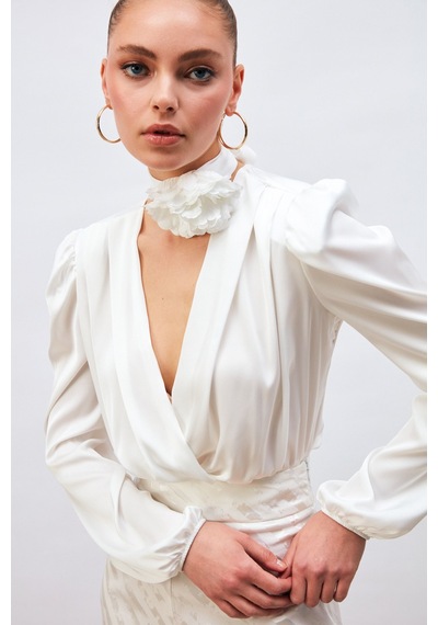 Sateen Kruvaze Saten Bodysuit Bluz - Ekru