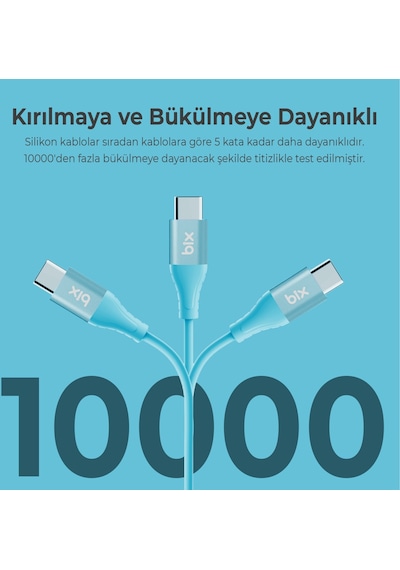 Bix BXSC1CC 60W Type-C To Type-C Silikon Şarj Data Kablosu Mavi