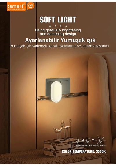 Sensörlü Led Gece Lambası Prize Takılan Otomatik Karanlık Sensörlü Gece Işığı Bebek Odası Koridor Yatak Odası Ts-n24 1.0 Beyaz Gri