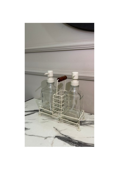 Buççin Online Mağaza Sabunluk - Metal Standlı Ahşap Saplı 2 500 Ml - Beyaz Cam Beyaz Çok Renkli
