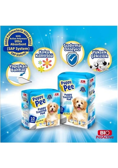 Bio Petactive Puppy Training Yapışkan Bantlı Köpek Çiş Pedi 60 x 60 CM 10'lu