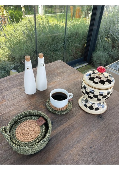 4 Adet Yuvarlak Kılfılı Bardak Altlığı- Leke Tutmaz- Naturel-yeşil 13x13 Cm Yeşil
