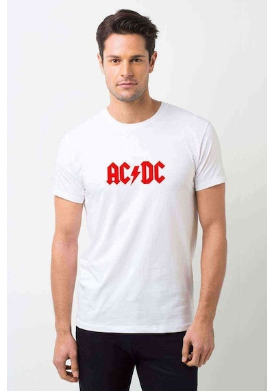 Acdc Logo Kırmızı Baskılı Beyaz Erkek Tshirt