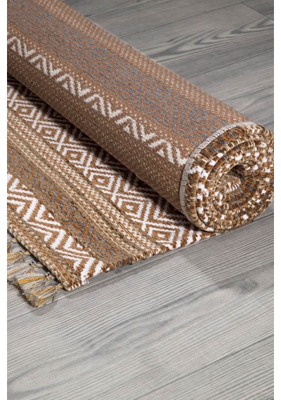 Ekru Renkli Kaymaz Tabanlı Yıkanabilir Makine Dokuma Kilim-204 Sarı