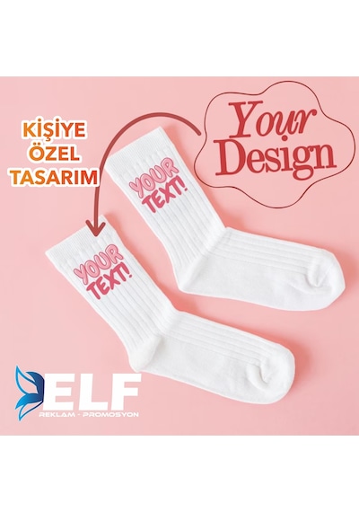 Elf Reklam Kişiye Özel Spor Çorap Basklı Tasarlanabilir Beyaz